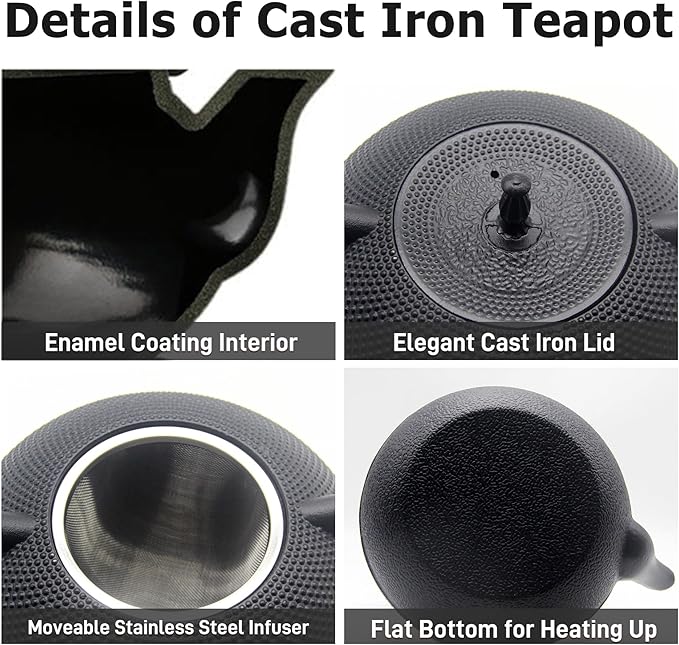 Big Cast Iron Teapot, Japanese Tetsubin Tea Kettle for Stovetop Safe, Cast Iron Tea Pot with Stainless Steel Infuser for Loose Tea and Enameled