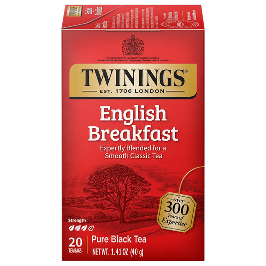 Twinings English Breakfast Black Tea Bags, 20 CT Box (1 Pack) | Popular Tea Classic, Robust &amp; Smooth, Naturally Caffeinated, 20 Foil Lined Individually Wrapped Bags, Enjoy Hot or Iced