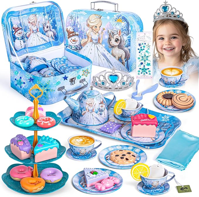 Frozen Tea Party Set for Little Girls, Princess Gift Toy, Kids Pretend Play Tin Tea Set with Teapot, Tea Cups, Food Playset & Carrying Case
