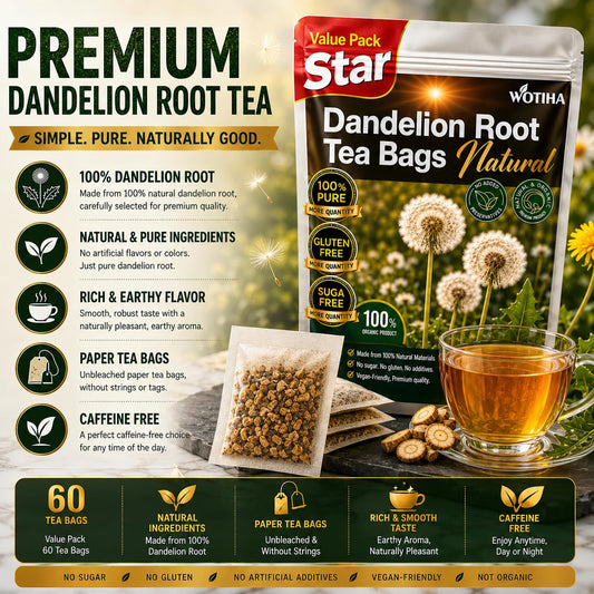 WOTIHA 60 Count Premium Dandelion Root Tea Bags - 100% Natural Roasted, Supports Liver &amp; Kidney Health, Digestion &amp; Immunity, Caffeine-Free, Additive-Free, Gluten-Free, Vegan.