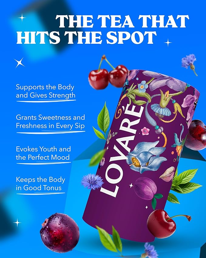 LOVARE Night Beautea Loose Leaf Tea 80 g - Made in Ukraine - Ceylon Black Tea, Cherry Berries, Cornflower Petals, Royal Pomegranate Plum Aroma - Tea Lovers Gift Box with 15 Paper Filters