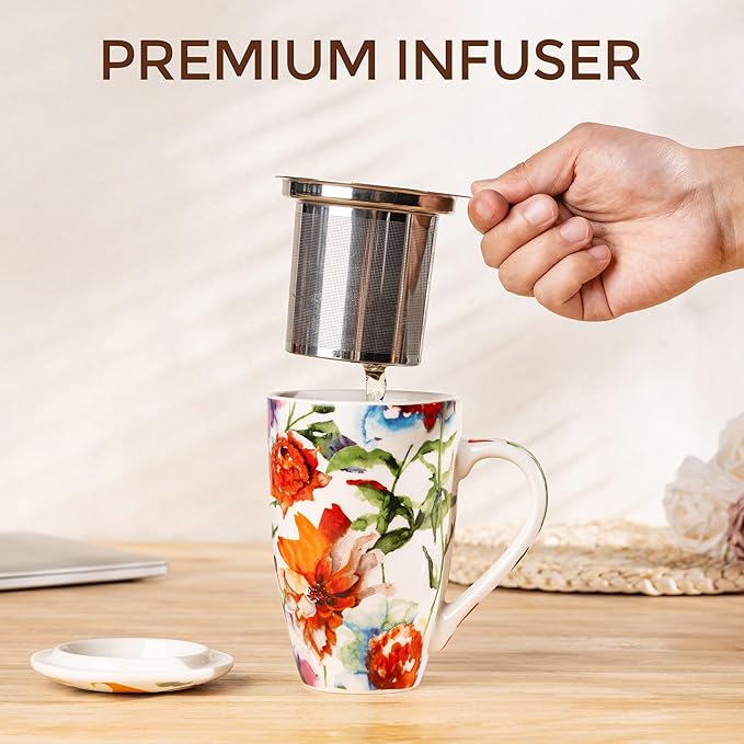 Gbhome Tea Mug with Infuser and Lid, 18 Ounce Large Ceramic Loose Leaf Cup, Microwave, Dishwasher Safe, Perfect for Tea Lovers