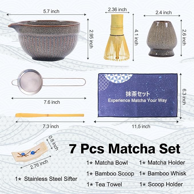 Matcha Whisk Set – Ceramic Matcha Bowl with Spout, Bamboo Whisk, Scoop, Ceramic Holders, Stainless Sifter, Towel