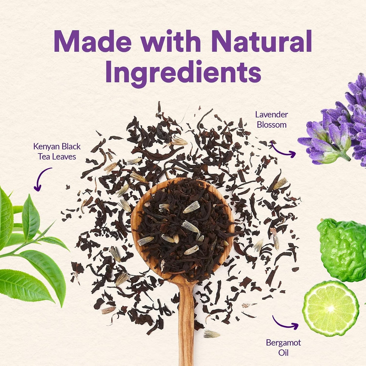 JusTea LAVENDER EARL GREY Loose Leaf Black Tea, 40+ Cup Pouch, 4/5 Caffeine | Fair-Trade LAVENDER EARL GREY Loose Leaf Black Tea. 90g/3.2oz Resealable Pouch. Steeps 40+ cups. 4/5 Caffeine. Organic.
