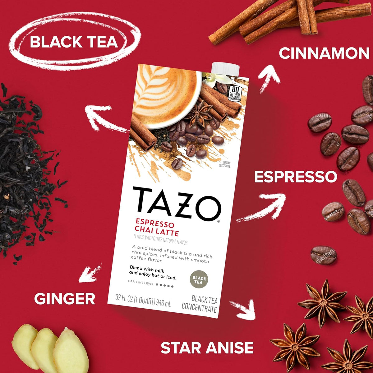 TAZO Decaf Gingerbread Spice Latte Tea Concentrate, 32 fl oz (Pack of 2)