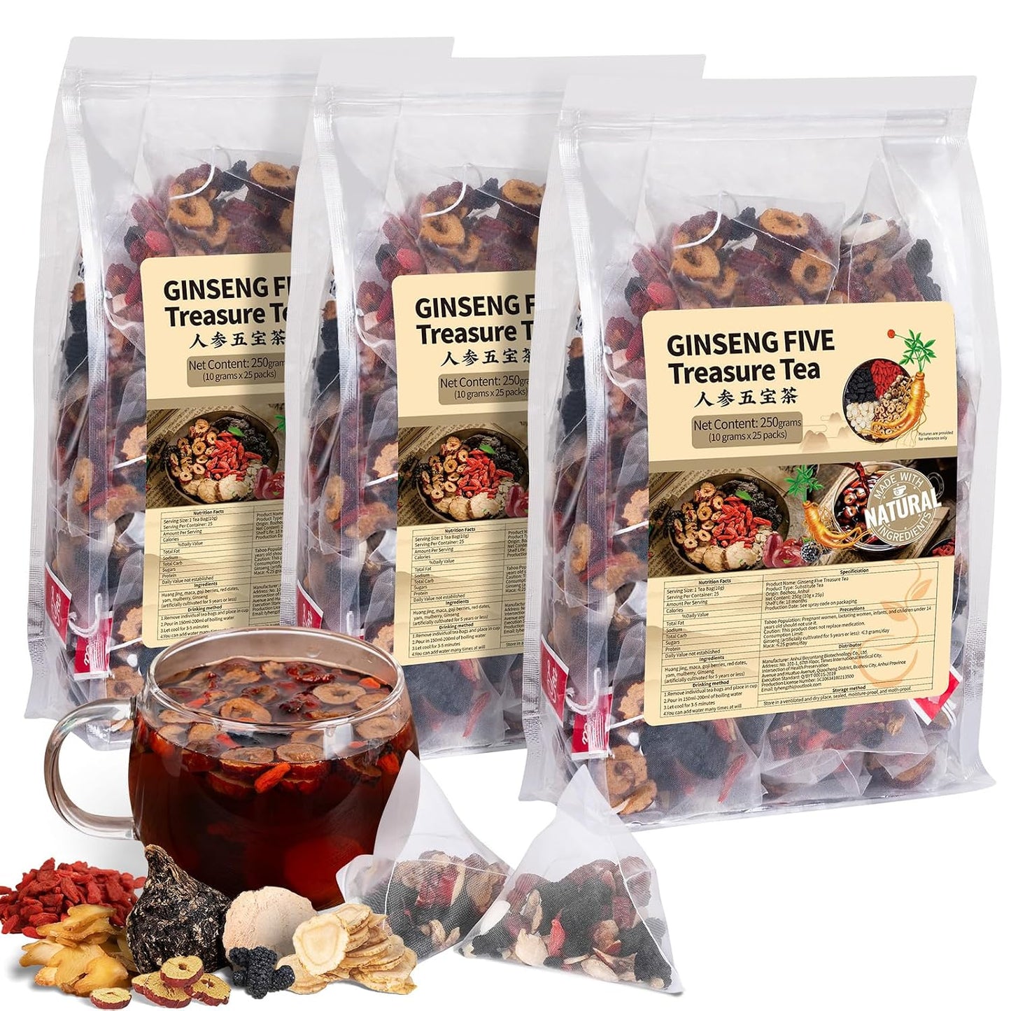 Ginseng Five Treasures Kidney Tea, Traditional Chinese Herbal TeaBags, Natural Kidney Cleanse Detox Tea for Women &amp; Men, 7 Precious Ingredients Formula (3 Pack/75 Bags)