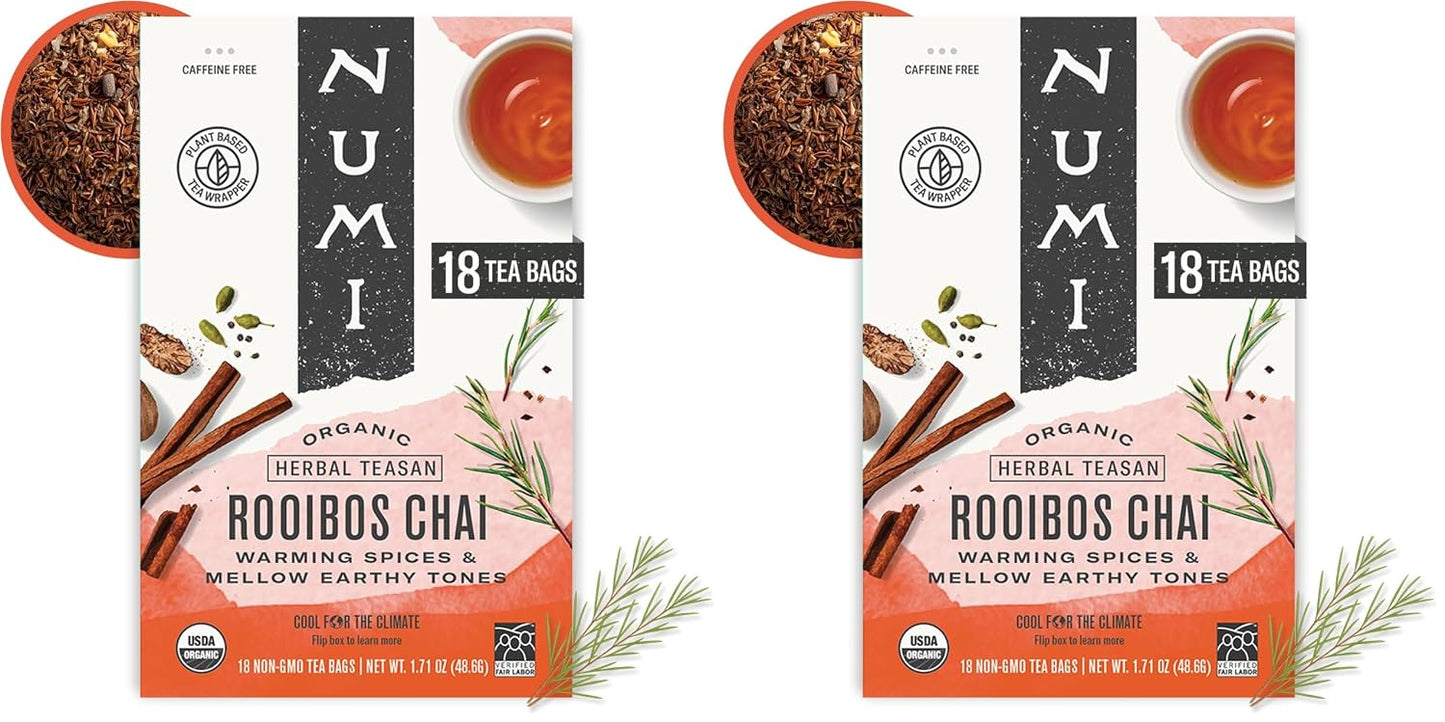 Numi Organic Rooibos Chai Tea, Microplastic Free, Rich Flavor with Cinnamon, Allspice &amp; Ginger, Caffeine Free, 18 Count (Pack of 2)