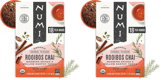 Numi Organic Rooibos Chai Tea, Microplastic Free, Rich Flavor with Cinnamon, Allspice &amp; Ginger, Caffeine Free, 18 Count (Pack of 2)