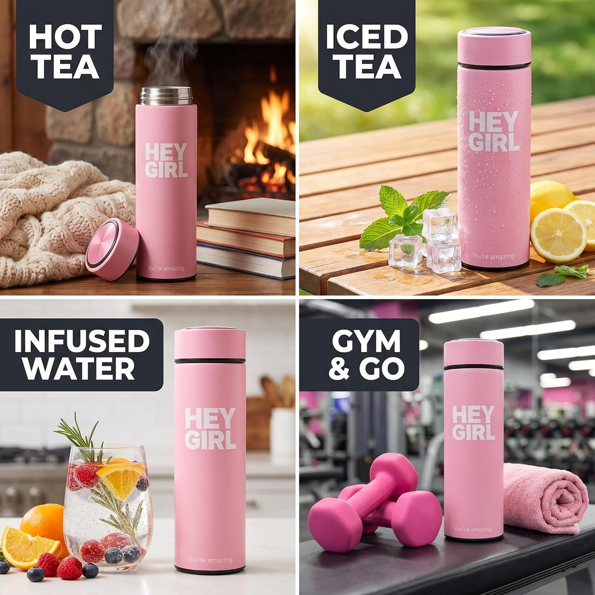 Hey Girl Tea Infuser Bottle 450ml - Insulated Stainless Steel Water Bottle - Tea Tumbler with Tea Diffuser - Portable Travel Mug for Loose Leaf Tea &amp; Infused Water - Tea Lovers Gifts for Women (Pink)