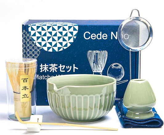 Matcha Whisk Set, Matcha Starter Kit for Tea Ceremony, Ceramic Matcha Bowl with Spout, Bamboo Whisk, Scoop, Ceramic Holders, Stainless Sifter, Towel