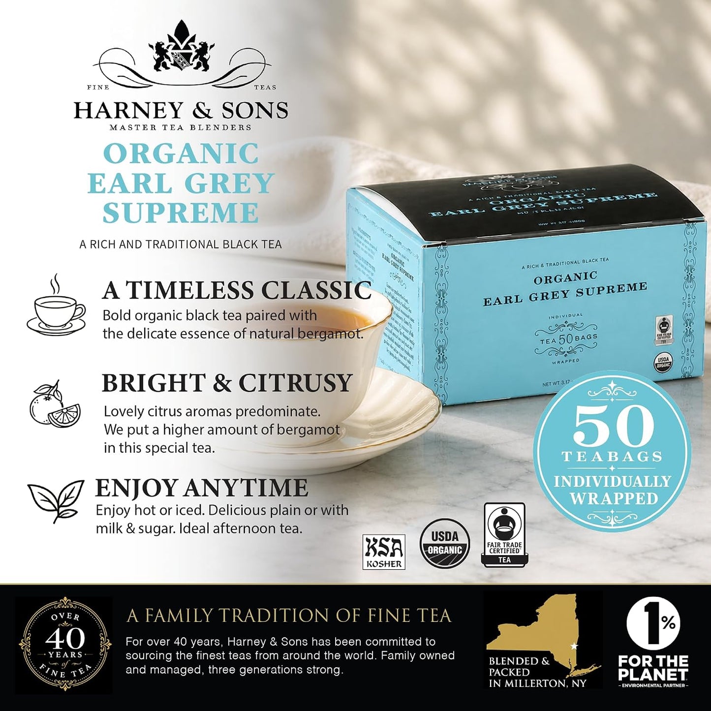 Harney &amp; Sons Organic Earl Grey Supreme Tea Bags, 50 Count