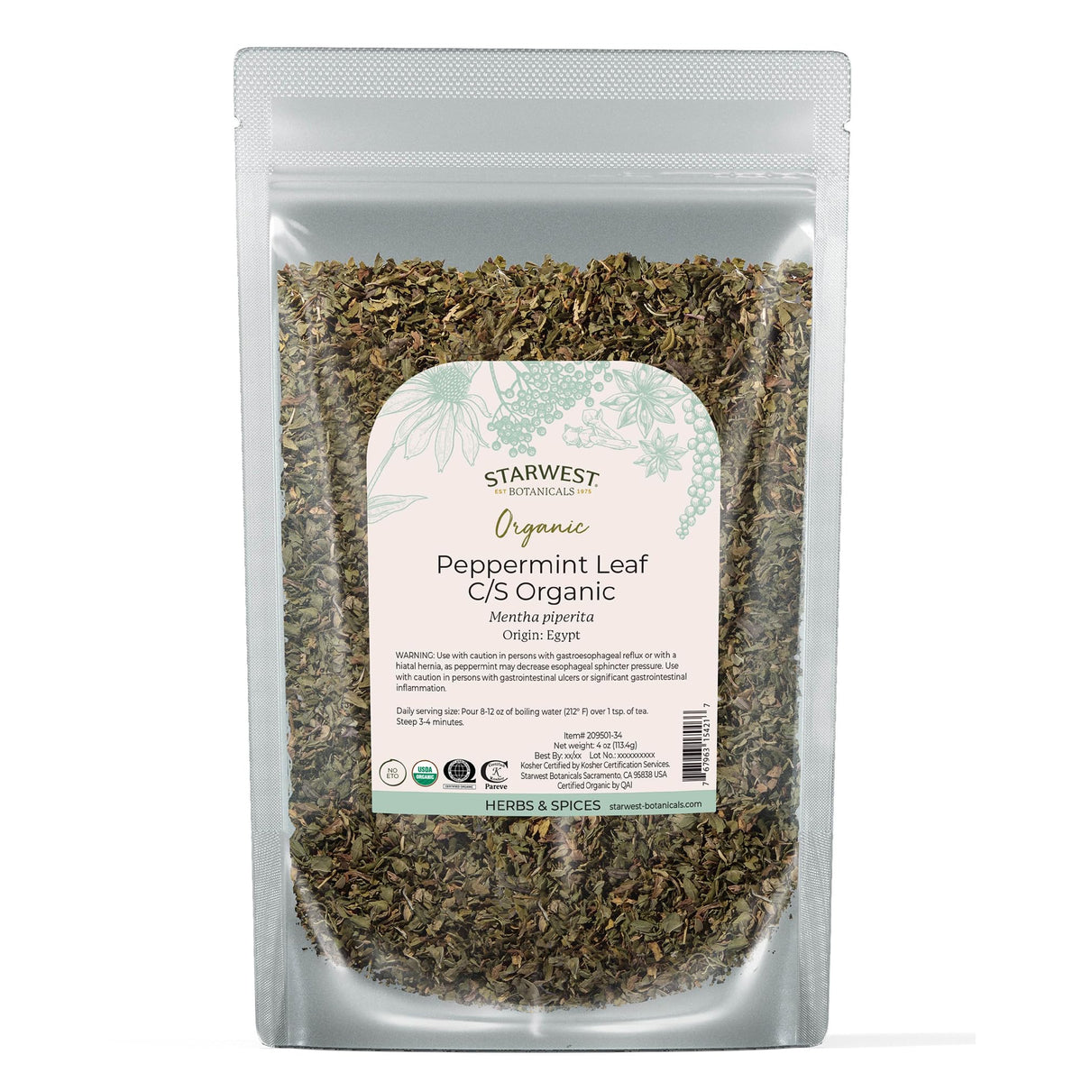 Starwest Botanicals Organic Peppermint Leaves Cut & Sifted - 4 oz Pouch