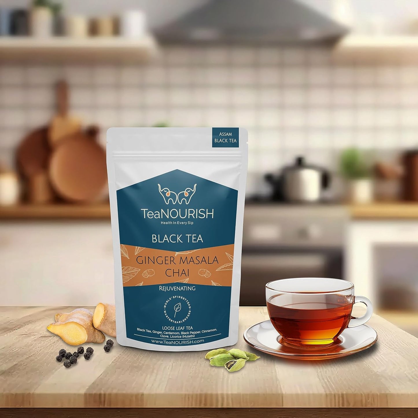 TeaNOURISH Ginger Masala Chai Tea | Assam CTC Loose Black Tea | Blended with Authentic Indian Spices | Indian Ginger Tea | 100% NATURAL INGREDIENTS - 3.53oz/100g (Pack of 2)