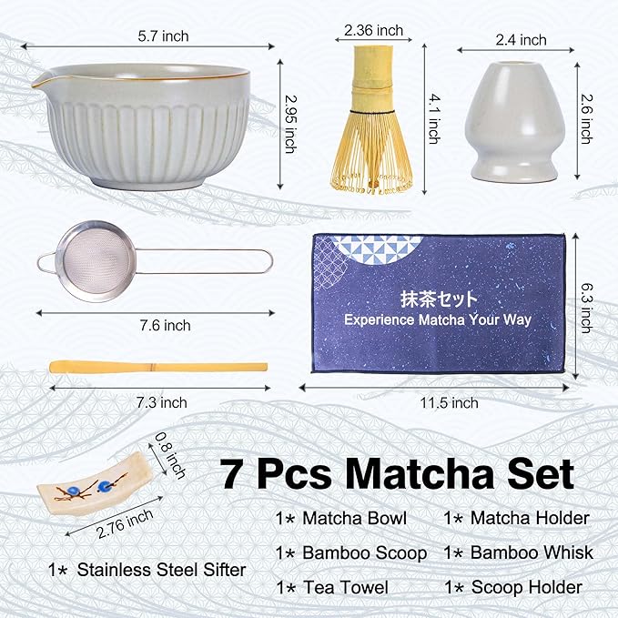 Matcha Whisk Set, Japanese Tea Ceremony Kit, 18oz Spout Bowl, Bamboo Whisk Scoop, Ceramic Holder Sifter Towel,7 pcs Matcha Tea Kit for Matcha Lovers