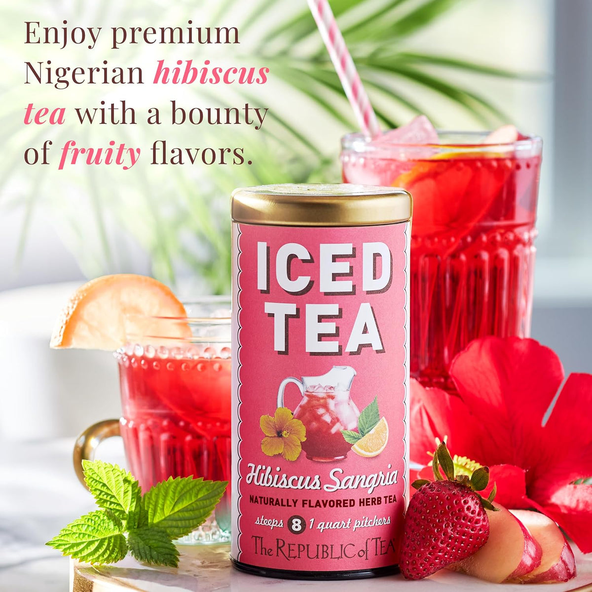 The Republic of Tea – Hibiscus Sangria Iced Herbal Tea, 8 Large Quart-Sized Iced Tea Pouches, Naturally Caffeine Free