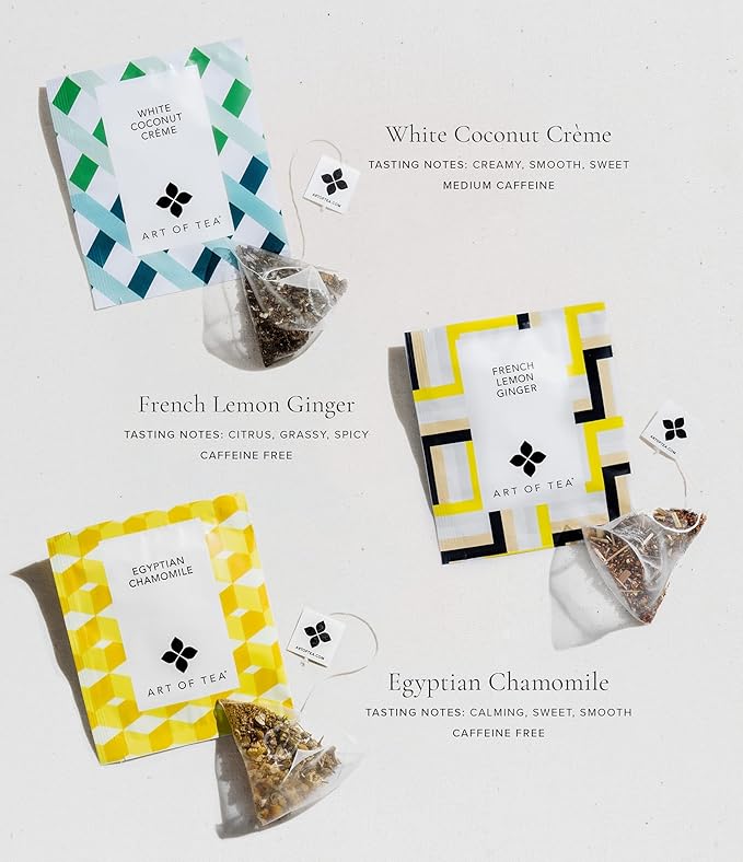 Art of Tea | Assorted Tea Sampler | 12 Count Sampler Box | Breakfast Tea, Earl Grey Creme, Egyptian Chamomile (Non-Caffeinated), French Lemon Ginger (Non-Caffeinated), Green Pomegranate, Mint Green, Tali's Masala Chai, Happy Tea, and White Coconut Creme