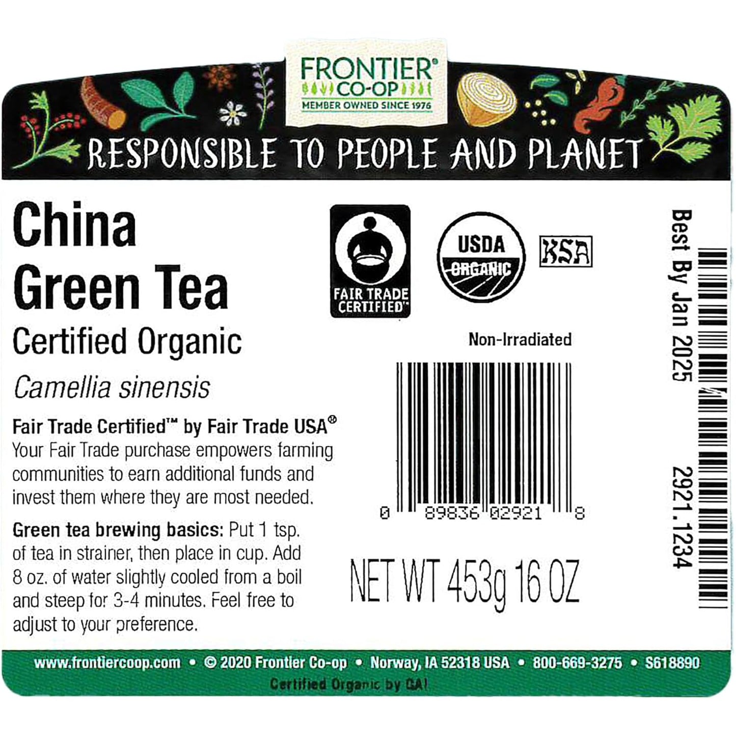 Frontier Co-op Organic Fairtrade China Green Tea, Bulk Bag - Chinese Green Tea Loose Leaf - Aromatic, Flavorful & Calming - Perfect for Tea & Culinary Uses | 16 Ounce (Pack of 1)
