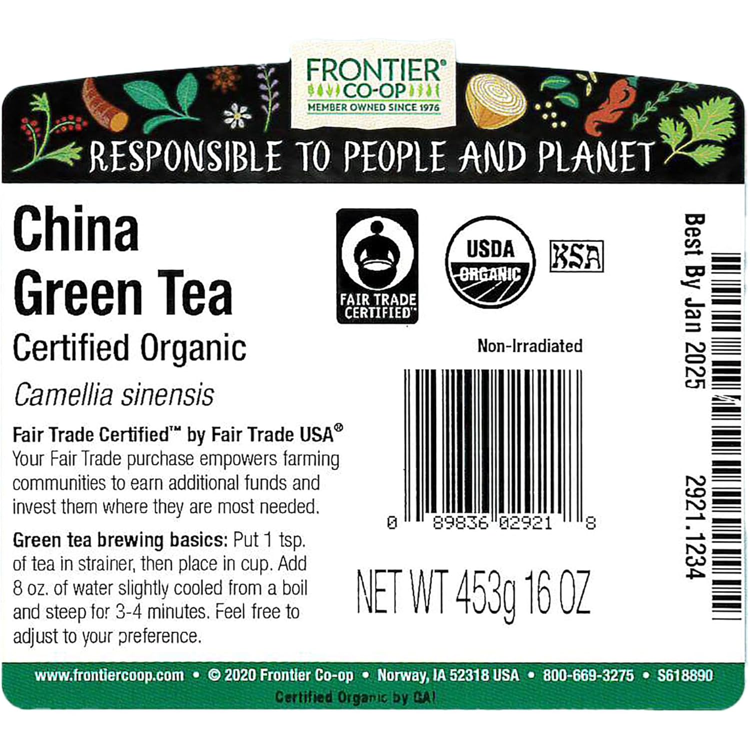 Frontier Co-op Organic Fairtrade China Green Tea, Bulk Bag - Chinese Green Tea Loose Leaf - Aromatic, Flavorful & Calming - Perfect for Tea & Culinary Uses | 16 Ounce (Pack of 1)
