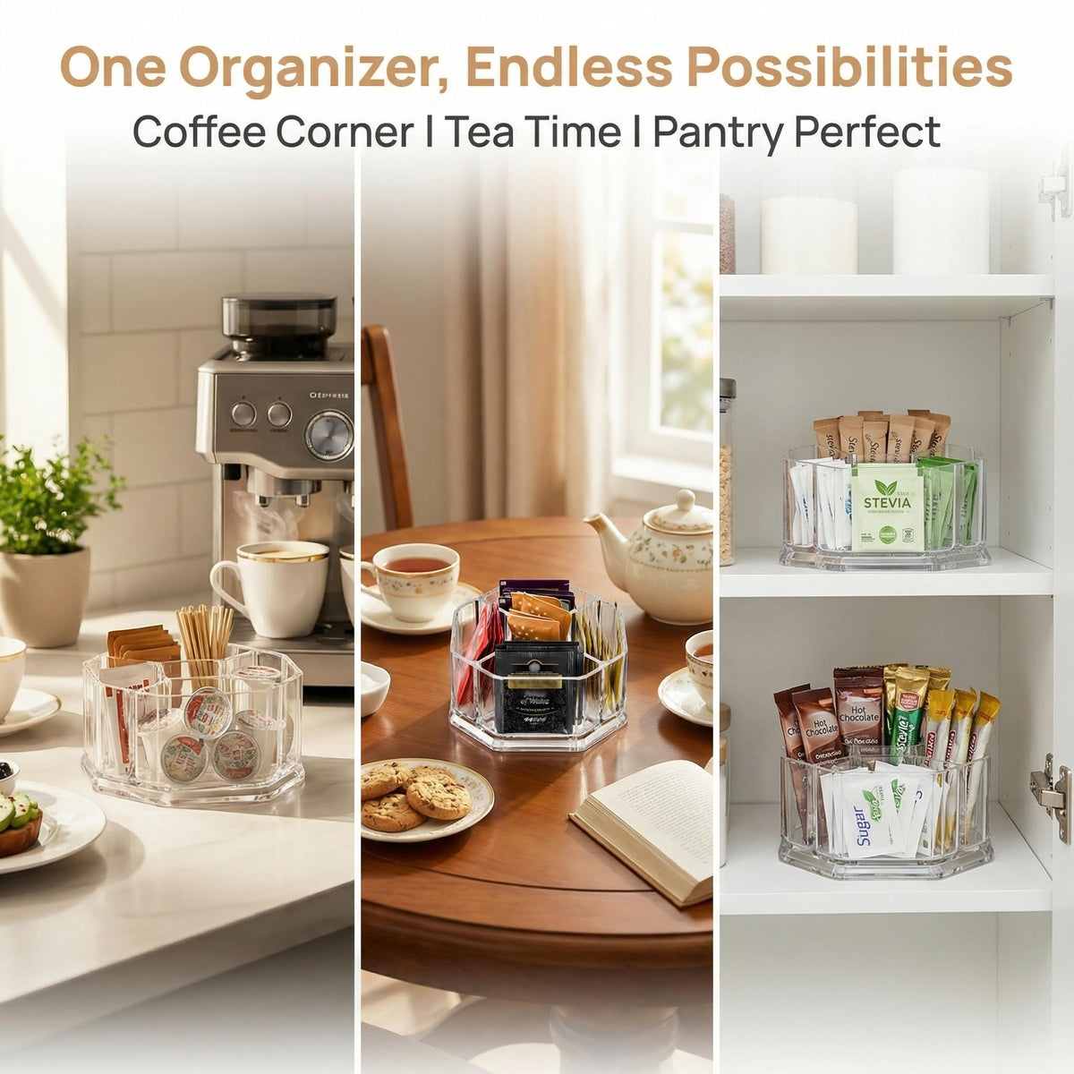 Hiceeden Acrylic Tea Bag Organizer, 5 Compartment Sugar Packets Holder Divided Coffee Condiment Storage Caddy Box for Kitchen