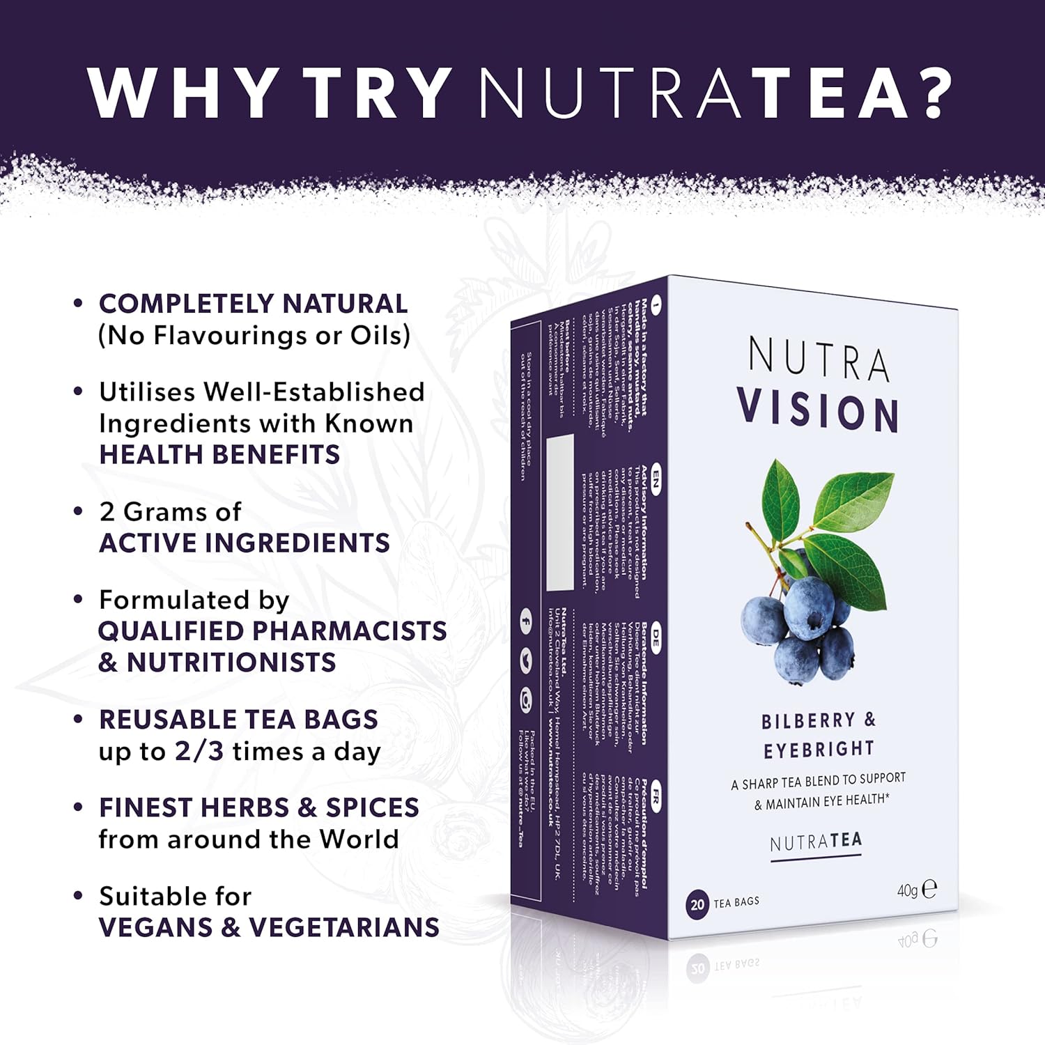 NUTRAVISION - Eye Health Tea – Includes Bilberry & Eyebright - For general and age-related eye health - 20 Enveloped Tea Bags - by Nutra Tea - Herbal Tea