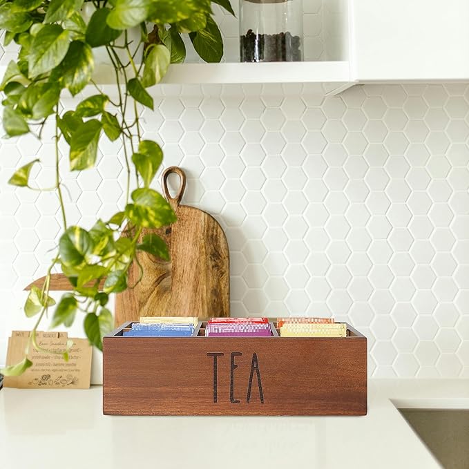 Tea Bag Organizer,Acacia Wood Tea Storage Containers with 6 Compartments, Sugar Packet Holder,Tea Bag Caddy Box for Cabinet Countertop Office (Brown- Labeled "TEA")