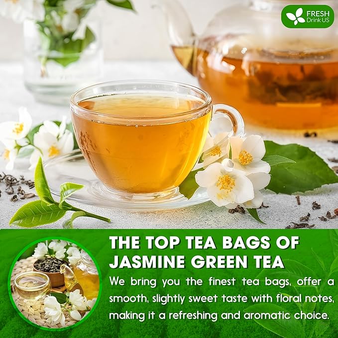 FreshDrinkUS, Premium 20 Tea Bags of Jasmine Green Tea, 100% Natural. Exquisite Flavor, Handpicked Leaves, Perfect for Tea Lovers. No Sugar, No Gluten, Vegan.