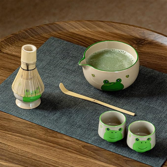 Frog Matcha Whisk Set, Cute Ceramic Matcha Kit with Hand-Painted Bowl with Spout, 2 Cups, Bamboo Whisk, Holder & Scoop, for Tea lovers and Gift Giving