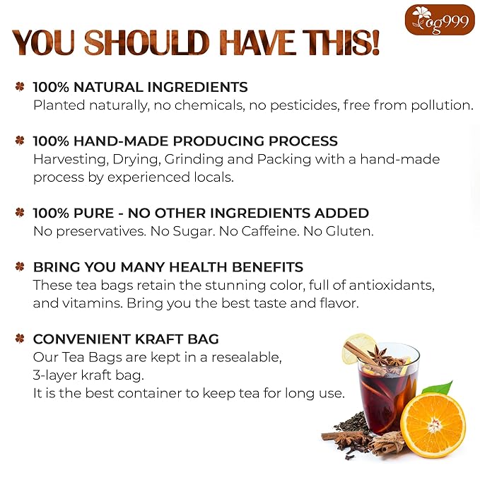 TOG999, 120 Tea Bags – Special Blend of Cinnamon, Black Tea, Orange Peel and Cloves, 100% Natural Ingredients, Hand-made Blend Herbal Tea. Eco-conscious Tea Bags. No Sugar, No Caffeine, No Gluten, Vegan.