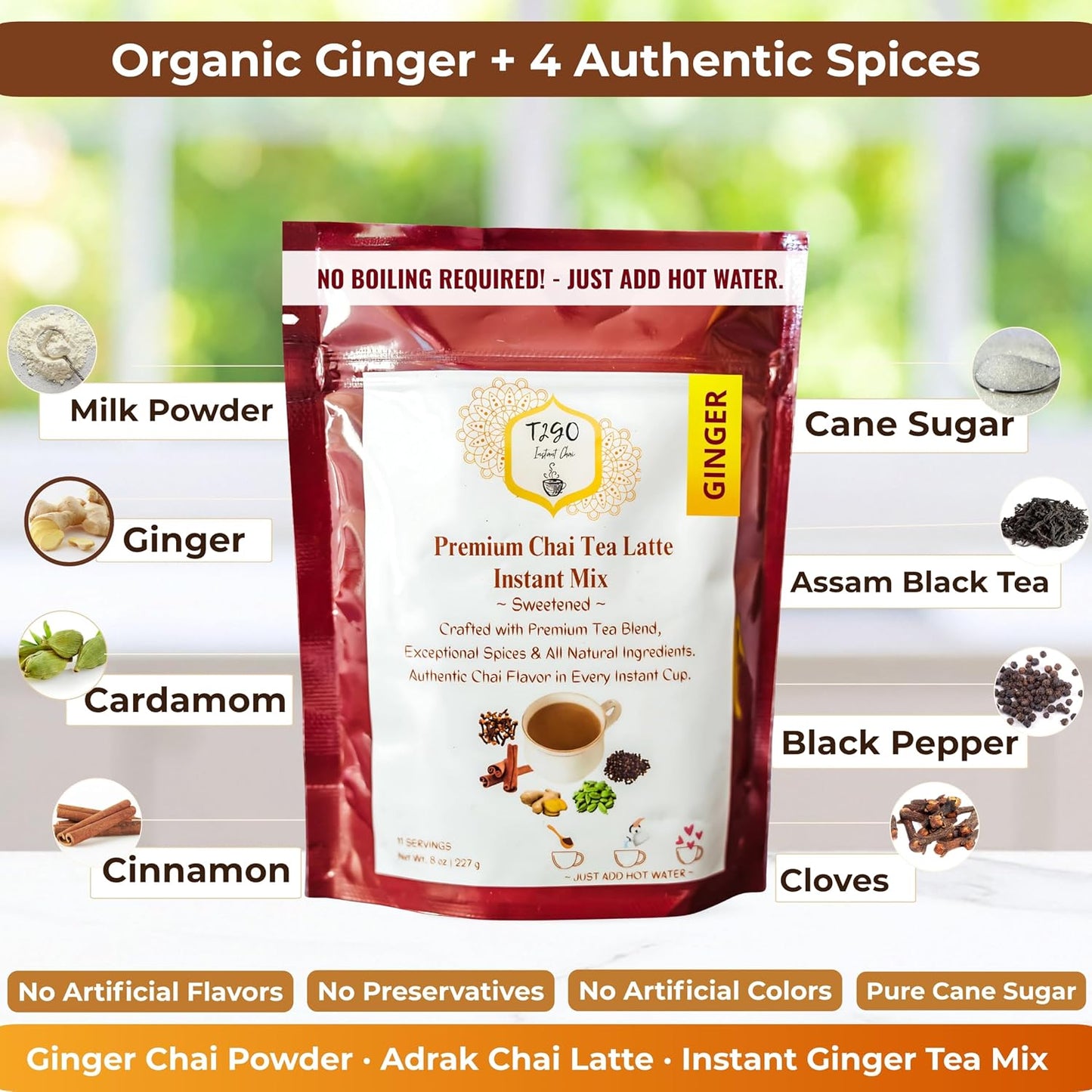 T2GO Instant Ginger Chai Tea Latte Powder – Just Add Water, 8 oz | Bold adrak ginger masala chai — real milk &amp; spices built in, ready in seconds