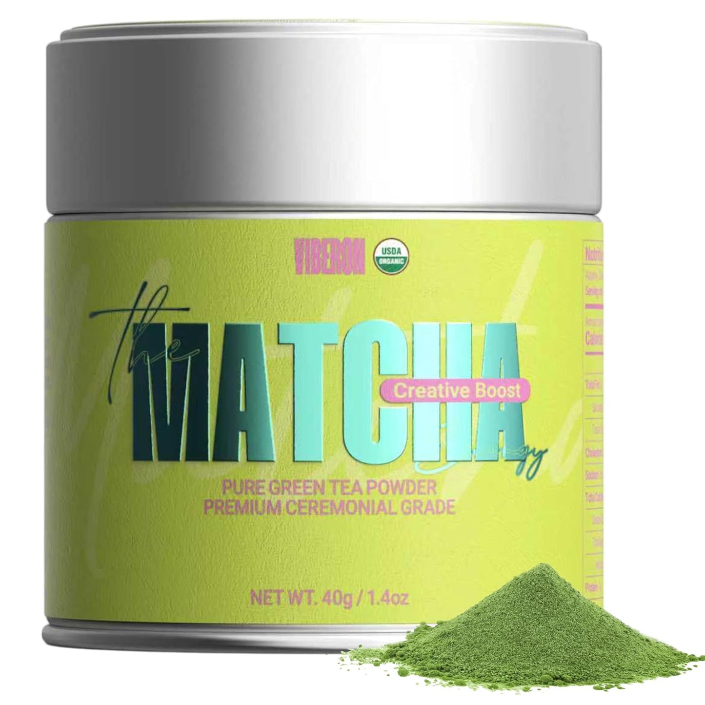 Viberon Organic Ceremonial Matcha Green Tea Powder - Premium Ceremonial Grade, USDA Certified, First Spring Harvest, 100% Pure - Sugar Free, Gluten Free (40g / 1.4oz Tin)