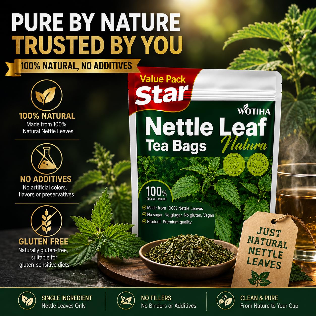 WOTIHA Premium Natural Nettle Leaf Tea Bags, 60 Count – 100% Pure Herbal Tea,Supports Kidney &amp; Joint Health Caffeine-Free, Non-GMO, Additive-Free, Gluten-Free