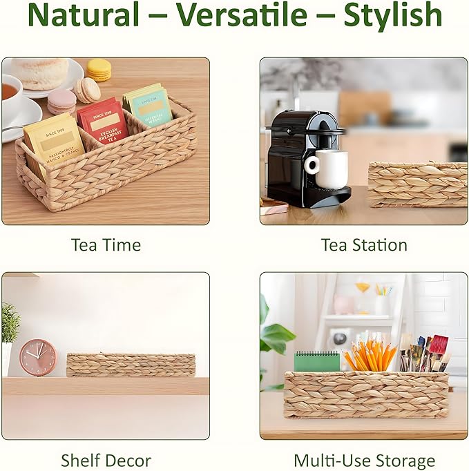 Trovea Wicker Tea Organizer and Storage Box, 4-Compartment Water Hyacinth Tea Bag Holder for Tea Bar, Drawer, and Countertop Organization