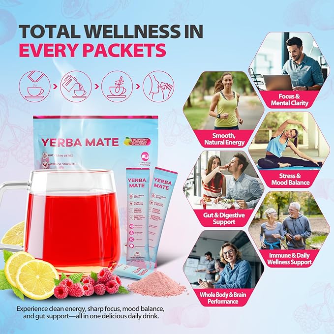 Super Yerba Mate Instant Powder, Yerba Mate with Lions Mane, Ashwagandha, Magbesium for Man & Women | Clean Energy & Focus Boost | Gut Support, Antioxidants | Raspberry Lemonade Flavor - 30 Servings