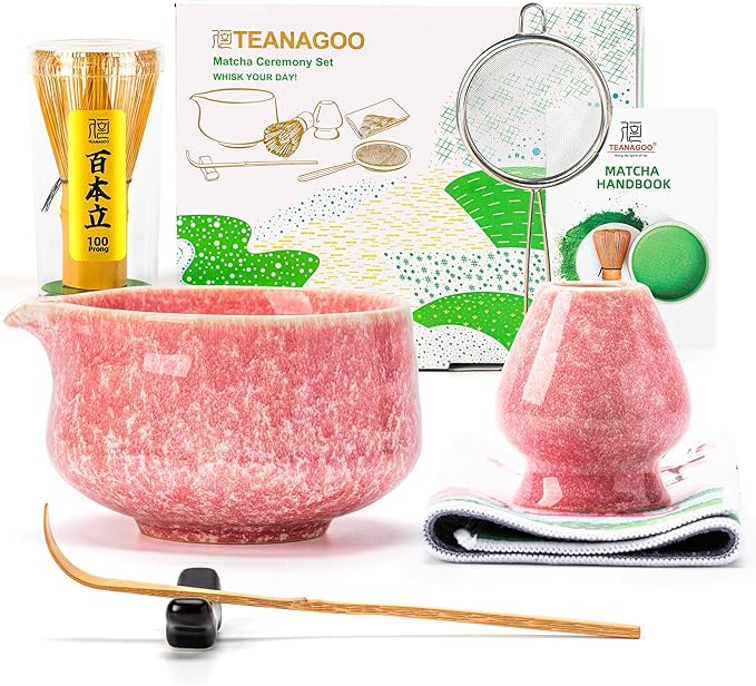 Teanagoo Matcha Whisk Set,7 Pcs Matcha Set Pink for Making Latte,Ceramic Bowl(chawan) whith Spout and Whisk,Gift for Friend/Family