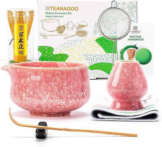 Teanagoo Matcha Whisk Set,7 Pcs Matcha Set Pink for Making Latte,Ceramic Bowl(chawan) whith Spout and Whisk,Gift for Friend/Family