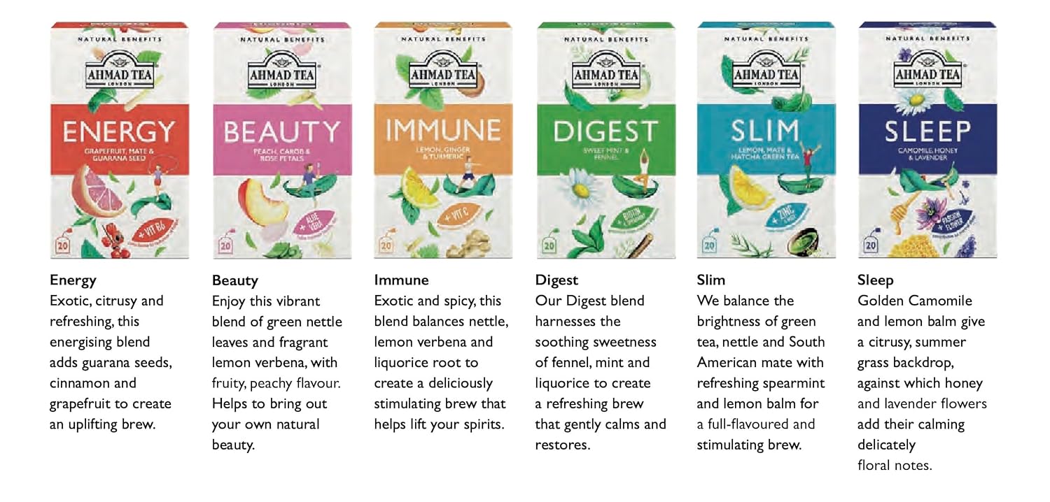 Ahmad Tea Natural Benefit Functional Tea Selection Pack | Green teas, Fruit & Herbal Infusions | Perfect herbal tea gift - 60 Teabag Sachets | 6 blends