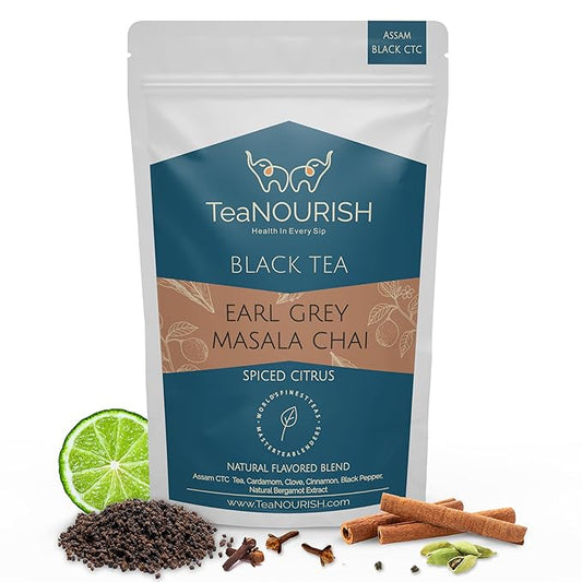 TeaNOURISH Earl Grey Masala Chai Tea | Spiced Citrus | Blend of Assam CTC, Cardamom, Cinnamon, Black Pepper, Clove, Natural Bergamot Extract | 100% NATURAL - 3.53oz/100g