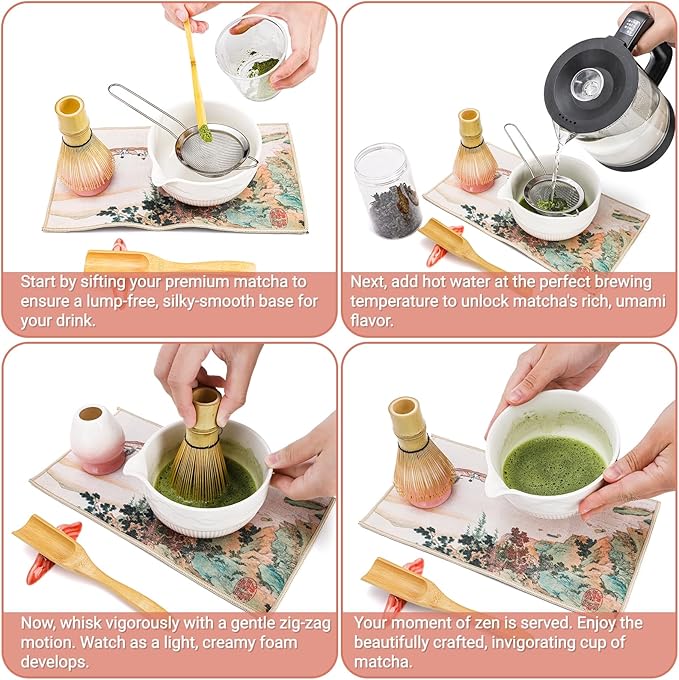 8 Pack Matcha Whisk Set, Japanese Matcha Tea Set, Ceramic Mixing Bowl with Spout, Bamboo Measuring Spoon and Scoop Stand, Towel, Whisk Holder