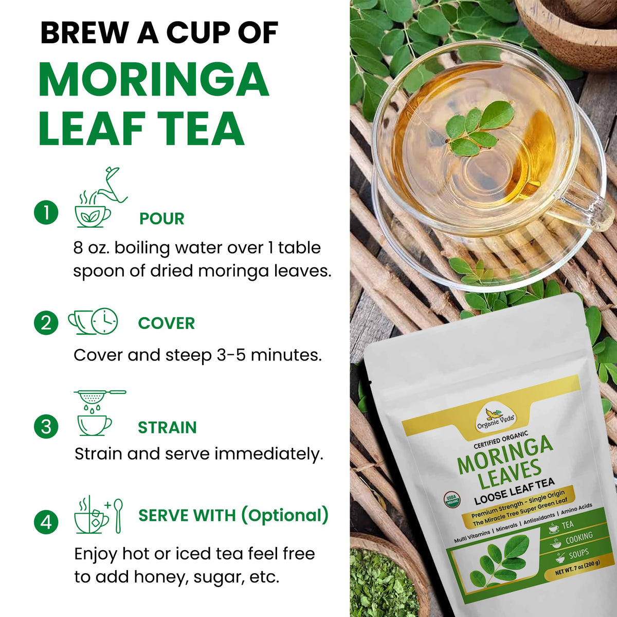 Organic Veda Moringa Tea Leaves - True Green Rich, Premium Single Origin,100% Organic Moringa Oleifera Loose Leaf Tea