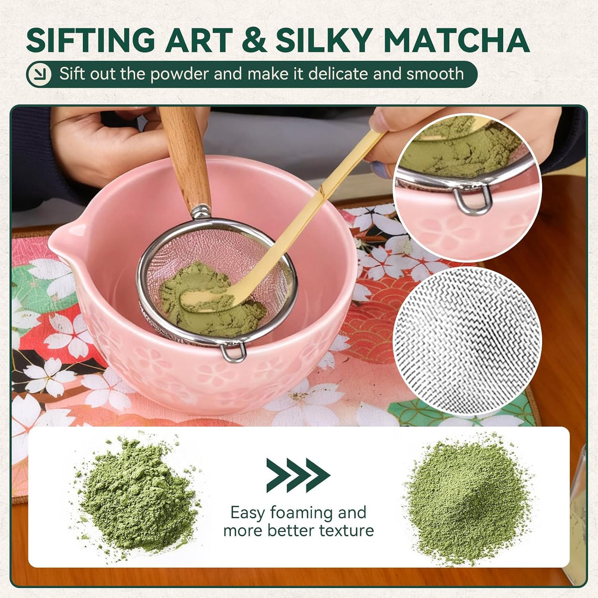 Sakura Matcha Whisk Set, 8 PCS Japanese-Style Matcha Kit with Cherry Blossom Matcha Bowl, Bamboo Whisk &amp; Holder, Scoop, Spoon Rest, Wooden-Handle Sifter &amp; Gift Box for Matcha Lovers (Pink)