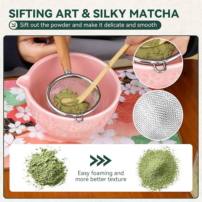 Sakura Matcha Whisk Set, 8 PCS Japanese-Style Matcha Kit with Cherry Blossom Matcha Bowl, Bamboo Whisk & Holder, Scoop, Spoon Rest