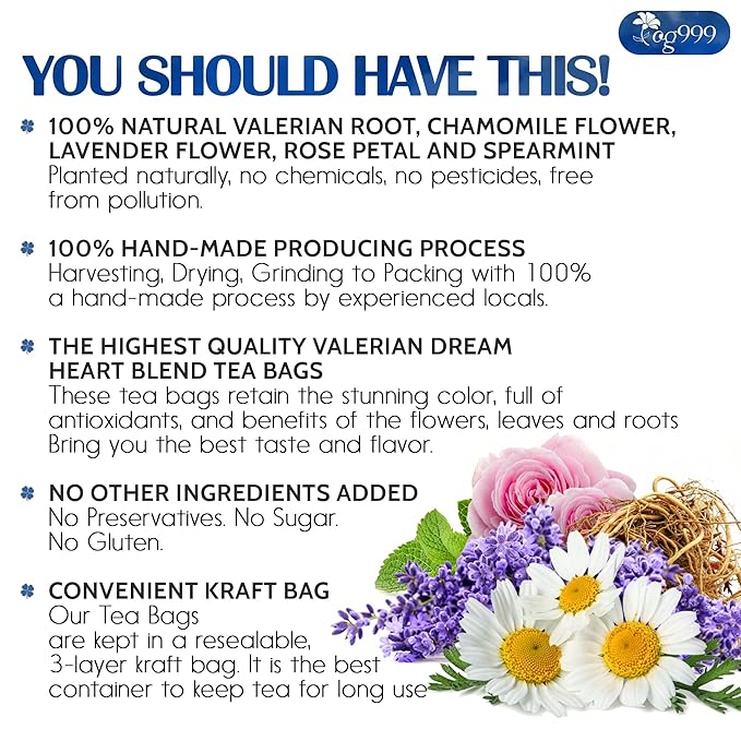 TOG999, Premium Valerian Dream Tea Bags | 60 Count | Herbal Blend with Valerian Root, Chamomile, Lavender, Rose Petal & Spearmint | Naturally Caffeine-Free, Relaxing Evening Tea. Vegan