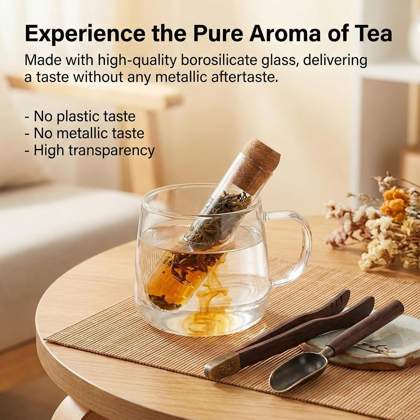 2 PCS Tea Infuser Glass Tea Strainers for Long Leaf Teas with Teaspoon TeaTongs TeaSteeper with Cork for Cup, Gift for Teas Lovers
