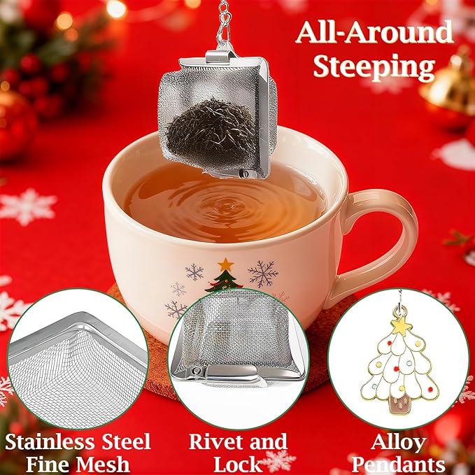 Christmas Themed Tea Infuser Set, 2 PCS Cubic Tea Strainers for Loose Leaf Tea, Reusable Stainless Steel Mesh Tea Ball