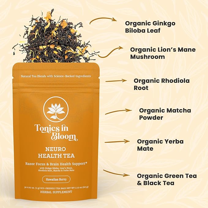 ANATOPEAK Brain Health Organic Herbal Tea - Yerba Mate, Rhodiola, Ginkgo Biloba, Lions Mane Mushroom, Green Tea and Matcha - For Brain Support and Focus - 30 Tea Bags (Hawaiian Berry Flavor)