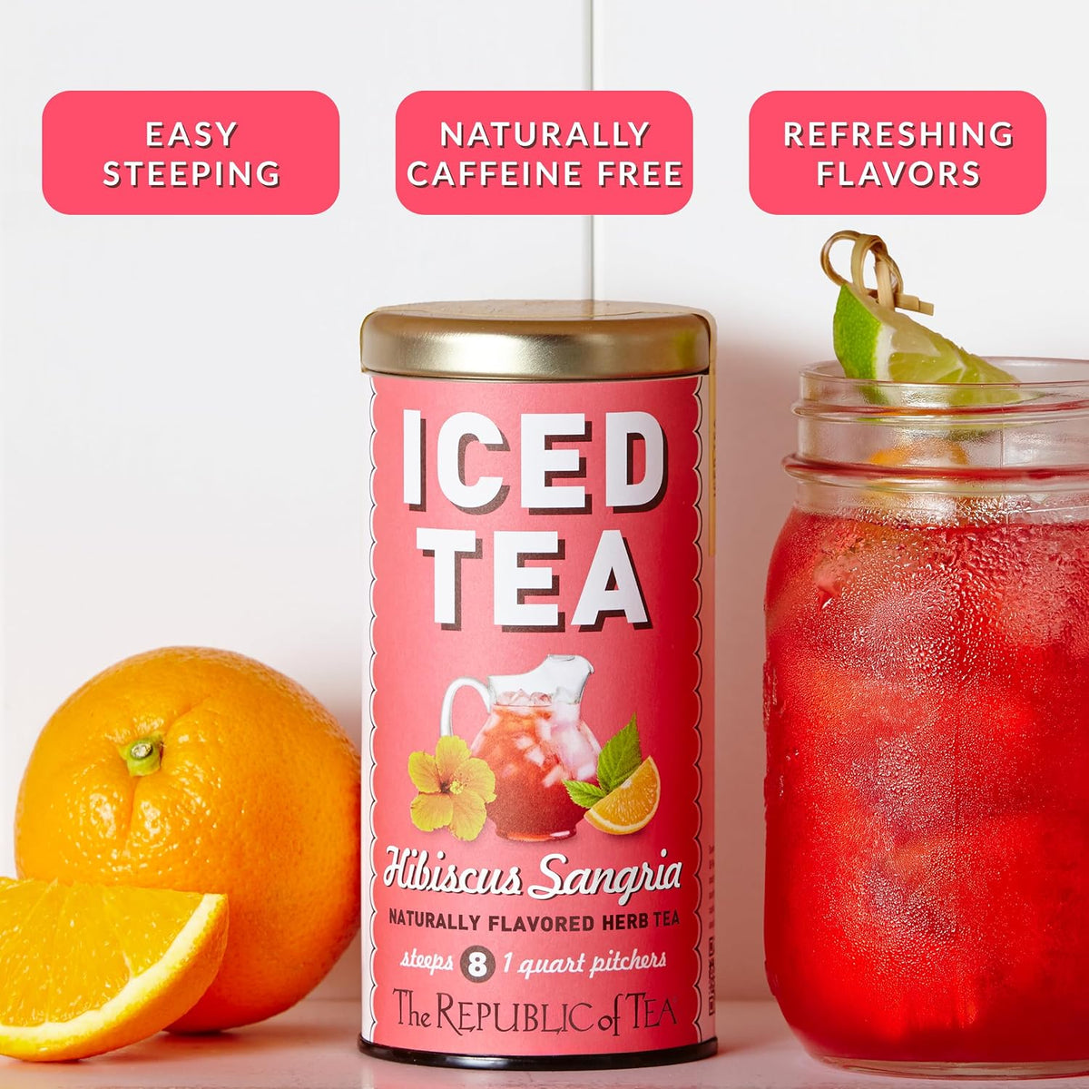 The Republic of Tea – Hibiscus Sangria Iced Herbal Tea, 8 Large Quart-Sized Iced Tea Pouches, Naturally Caffeine Free