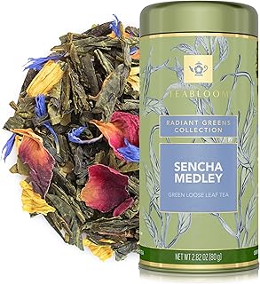 Teabloom Green Tea, Sencha Medley Loose Leaf Tea, Fresh and Floral, Purest Quality Green Tea Leaves Combined with Pretty Botanicals in Reusable Gift Canister, 2.82oz/80 g Canister Makes 35-50 Cups