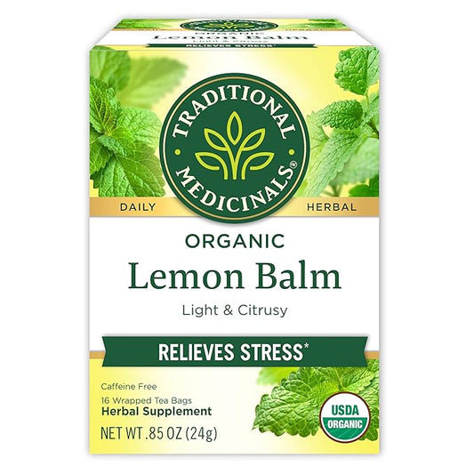 Traditional Medicinals Organic, Lemon Balm - Supports Stress Relief & Digestive Health - Kosher, Non-GMO, Caffeine-Free, Compostable - 16 Tea Bags