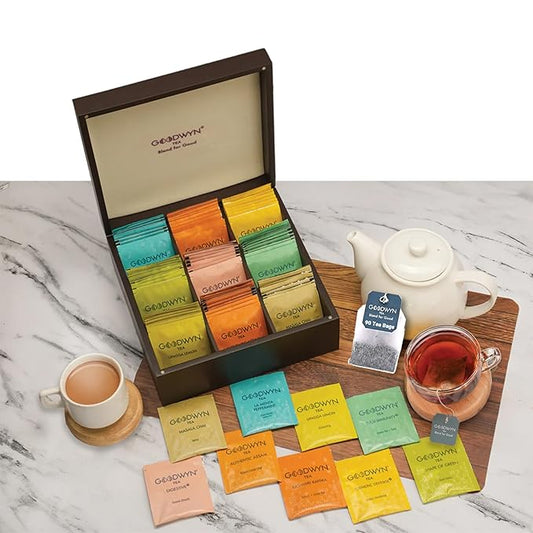 Goodwyn Assorted Tea Sampler Box – 90 Individually Wrapped Tea Bags, Premium Herbal Black and Green Tea Collection in Reusable Wooden Chest, 9 Flavors Peppermint Chamomile Assam Darjeeling Lemon Green Tea Kahwa Jasmine Earl Grey, Gift Set Box