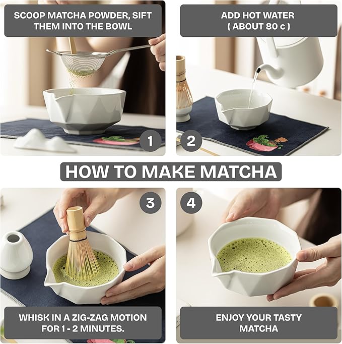 Matcha Whisk Set Black, 8 Pcs Matcha Set with Bowl (Chawan)/Whisk/Holder & Accessories, Matcha Kit for Ceremony, Traditional Tea Set for Making Latte